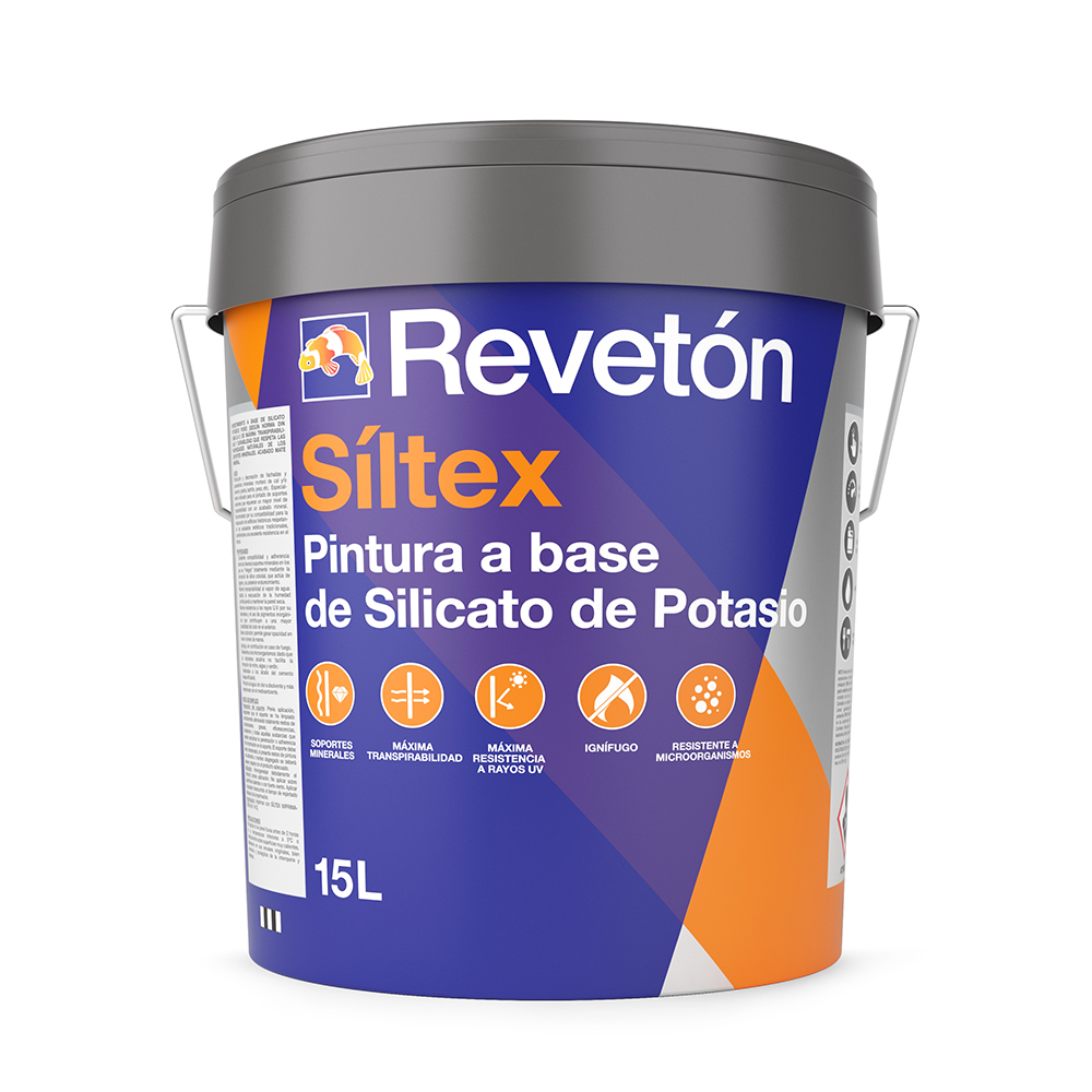 n cubo de plástico blanco de 15 litros de Reveton Ábsyde Revestimiento Siloxánico. La etiqueta es principalmente naranja y blanca con el logo de Reveton en la parte superior. El texto en la etiqueta indica que es un revestimiento siloxánico ("Revestimiento Siloxánico") e incluye varias certificaciones y características.