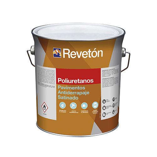 n cubo de plástico blanco de 15 litros de Reveton Ábsyde Revestimiento Siloxánico. La etiqueta es principalmente naranja y blanca con el logo de Reveton en la parte superior. El texto en la etiqueta indica que es un revestimiento siloxánico ("Revestimiento Siloxánico") e incluye varias certificaciones y características.