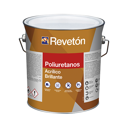 n cubo de plástico blanco de 15 litros de Reveton Ábsyde Revestimiento Siloxánico. La etiqueta es principalmente naranja y blanca con el logo de Reveton en la parte superior. El texto en la etiqueta indica que es un revestimiento siloxánico ("Revestimiento Siloxánico") e incluye varias certificaciones y características.