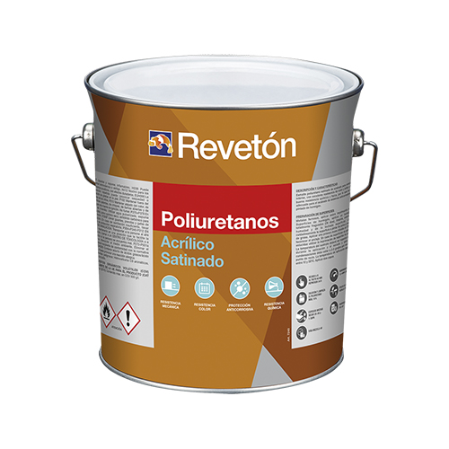 n cubo de plástico blanco de 15 litros de Reveton Ábsyde Revestimiento Siloxánico. La etiqueta es principalmente naranja y blanca con el logo de Reveton en la parte superior. El texto en la etiqueta indica que es un revestimiento siloxánico ("Revestimiento Siloxánico") e incluye varias certificaciones y características.